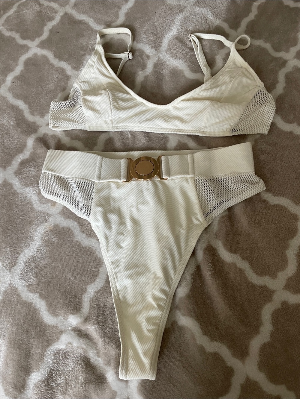 JLUXLABEL White Ribbed Mesh Accent Bikini Set with Gold Buckle